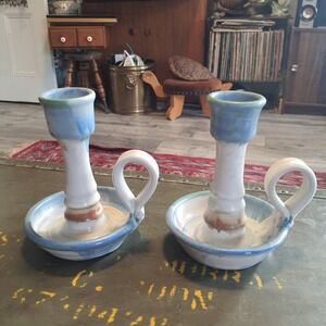 Vintage Miller Pottery Blue & Cream Salt Glaze Candlestick Candle Holder Pair